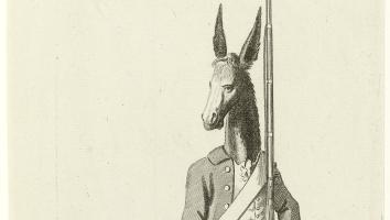 Ezel in schutters- uniform met geweer