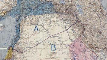 een kaart van de verdeling van land in het Midden-Oosten in het Sykes-Picotverdrag