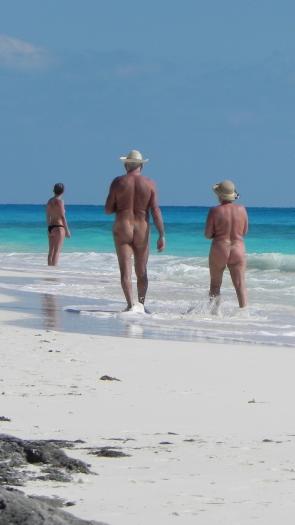 naakte mensen lopen op een strand