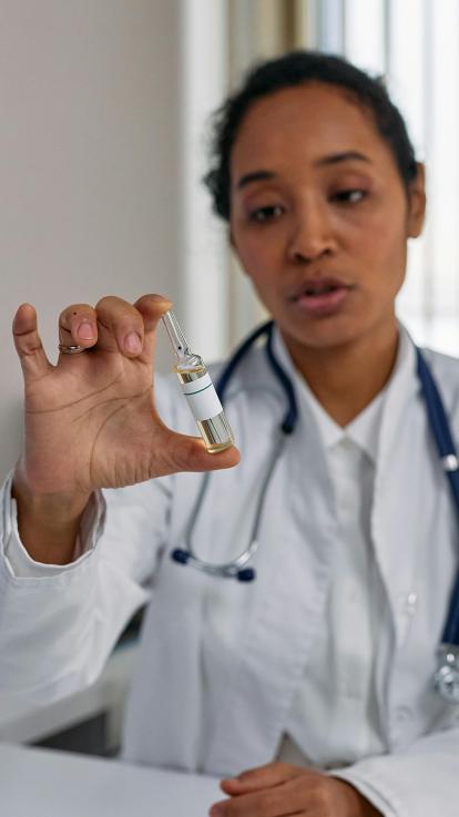 Een arts kijkt naar een flacon met vaccinatie-vloeistof