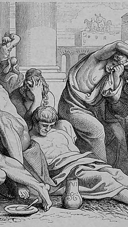 een zwart-wit illustratie van mensen op een plein in Rome in wanhoop