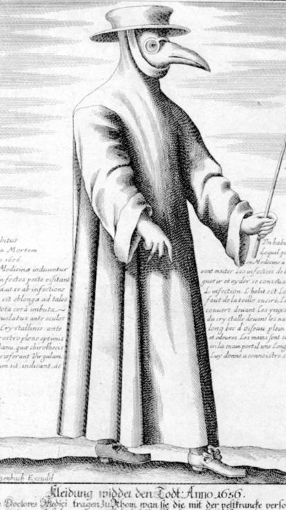 Illustratie van pestdokter met snavelmasker 