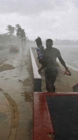 Beeld van tijdens een orkaan, vliegende objecten en palmbomen met veel wind