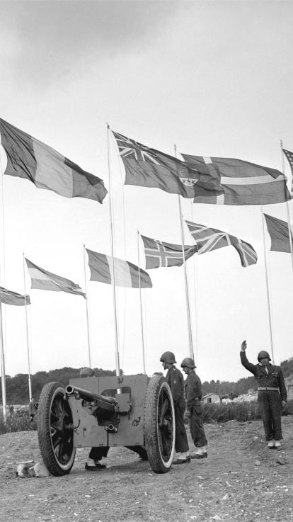 de vlaggen van de twaalf aangesloten landen van de NAVO