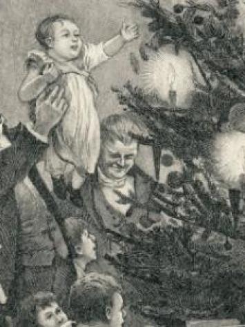 Een foto van vroeger dat ze kerstballen ophangen.