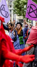 Iemand van extinction rebellion houdt een vuist in de lucht. 