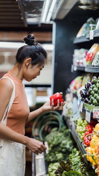 iemand kijkt naar paprika in de supermarkt