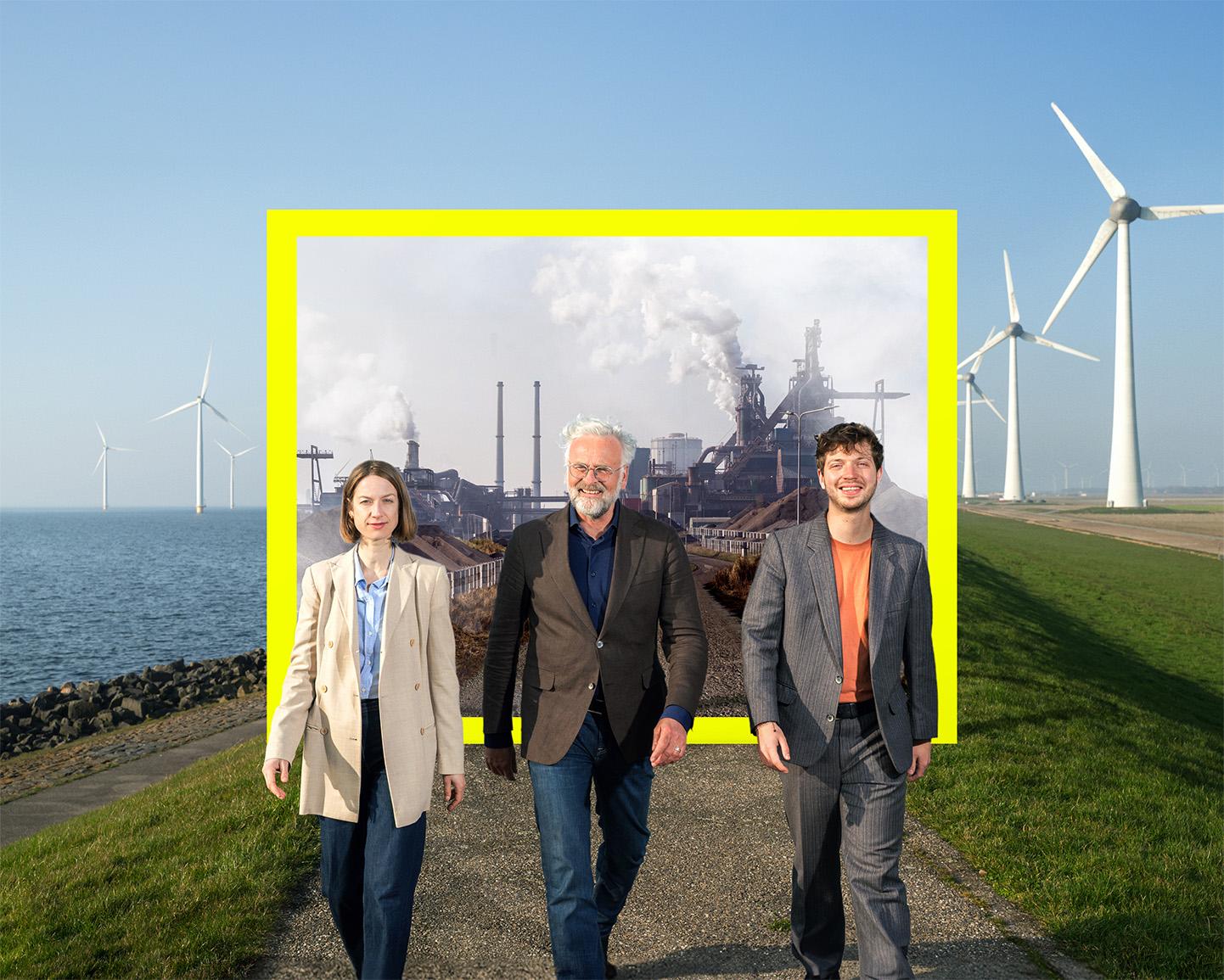 Foto presentatoren van de serie: Wat houdt ons Tegen? lopend in weiland met windmolens en fabriek om zich heen