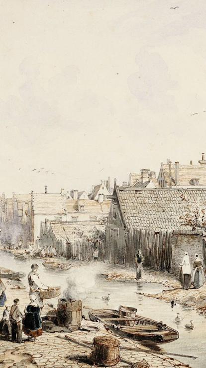 Schilderij van grachten in Nederland, toen er nog geen stoepen waren. 