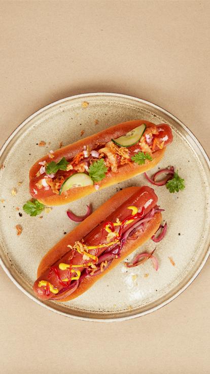 Een hotdog gemaakt van kweekvlees, dat is vlees in een lab gemaakt van stamcellen.