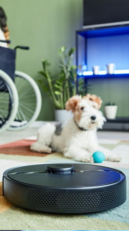 Een robotsstofzuiger op basis van AI die een woonkamer schoonmaakt en een hond. 