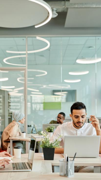 Een "expat" zit achter de computer. 