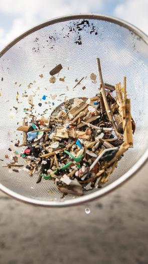 Microplastics in een zeef, gehaald uit het zand bij de zee
