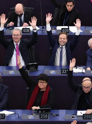 Europarlementariërs aan het stemmen