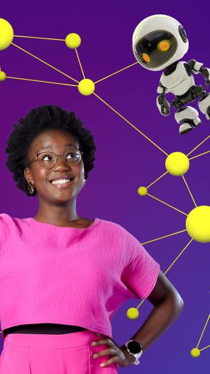 vrouw kijkt omhoog naar zwevende robot