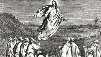 Een grafische afbeelding van Jezus die naar de hemel reist. Op de grond staan zijn discipelen.