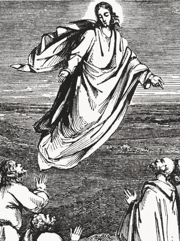 Een grafische afbeelding van Jezus die naar de hemel reist. Op de grond staan zijn discipelen.