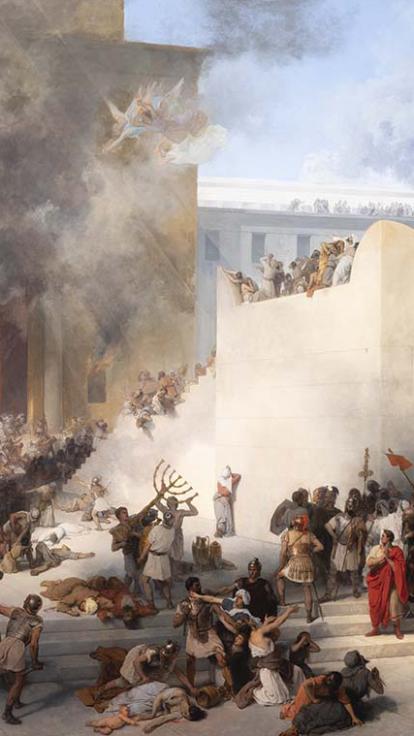 een Joodse tempel in Jeruzalem wordt verwoest in de Oudheid