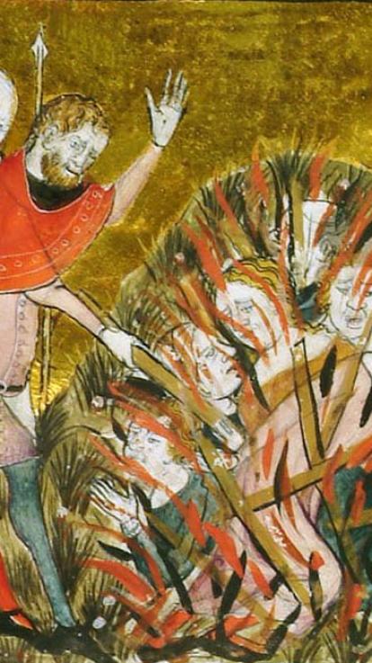 een schilderij van Joden die worden verbrand in de middeleeuwen