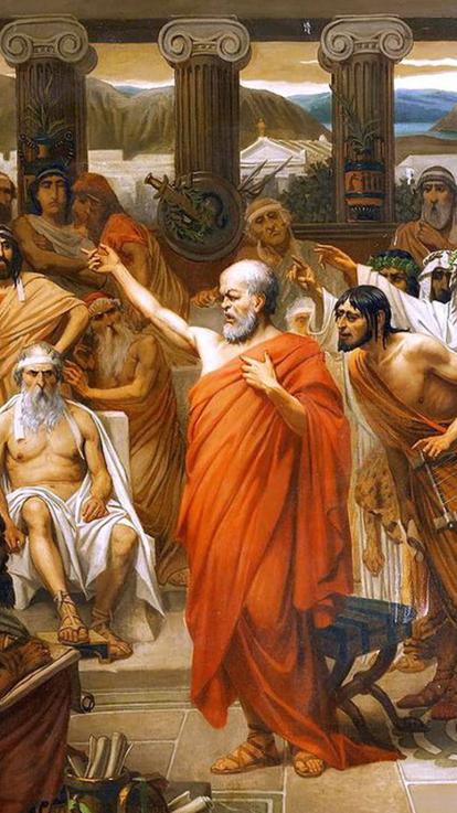 Schilderij van Socrates die een toespraak houdt