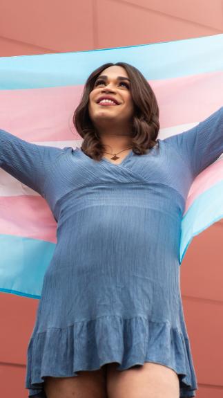 iemand houdt de transgender-vlag vast