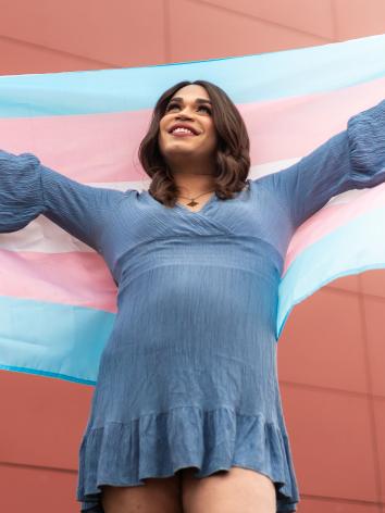 iemand houdt de transgender-vlag vast