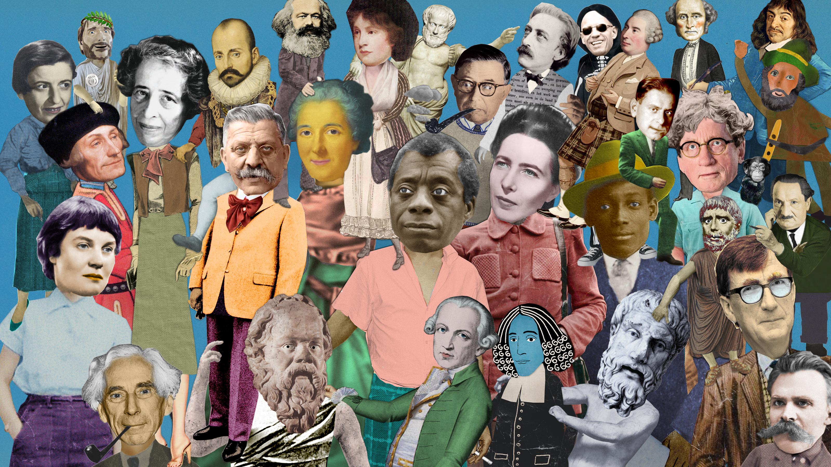 programmaheader van Grote Geesten met afbeeldingen van diverse grote denkers in collagestijl