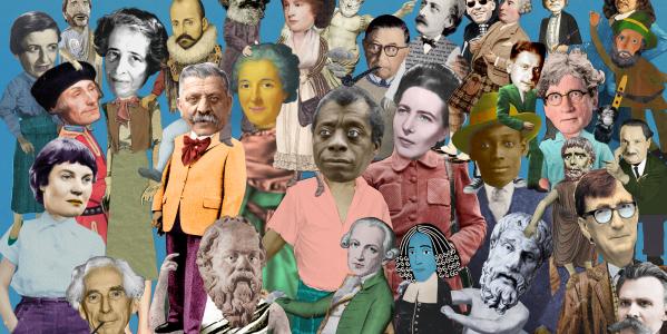 programmaheader van Grote Geesten met afbeeldingen van diverse grote denkers in collagestijl