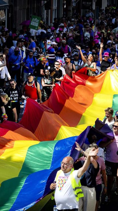 deelnemers van de Pride Walk lopen met een Pridevlag door de stad