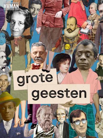 In deze afbeelding staan grote geesten uit het humanisme uitgebeeld in de vorm van krantenknipsels. Ook zie je de tekst grote geesten en het logo van omroep Human.