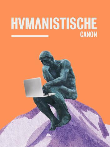 Op deze illustratie zie je een volledig grijze man die op een paarse rots zit achter een laptop met zijn hand onder zijn gezicht als 'de denker'. Daarboven staat Humanistische Canon. 