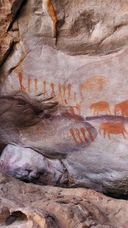 Oude rotsschilderingen van olifanten en mensenfiguren op een rotswand.