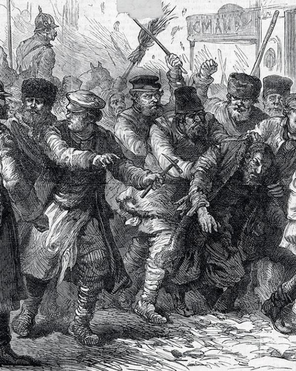 Schilderij waarin Joodse mannen worden opgejaagd tijdens een pogrom in Kiev. 