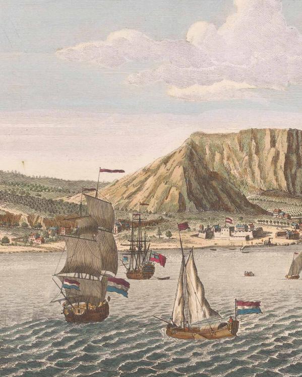 een ets van Kaap de Goede Hoop in Zuid-Afrika met VOC-schepen