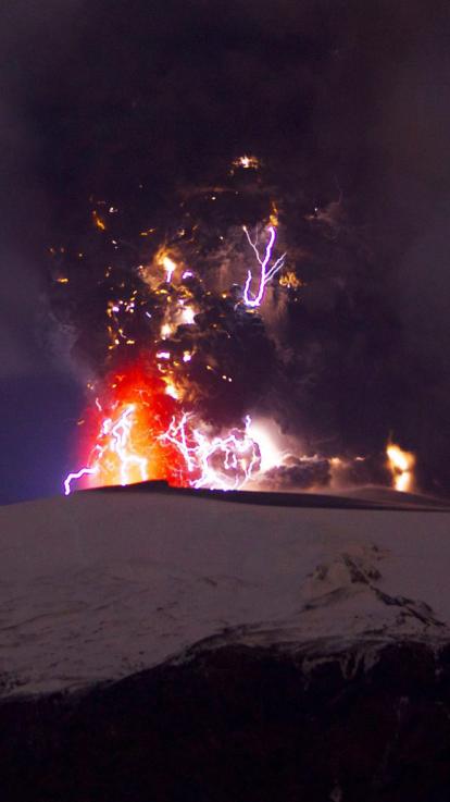 Een vulkaanuitbarsting bij de gletsjer Eyjafjallajökull in IJsland