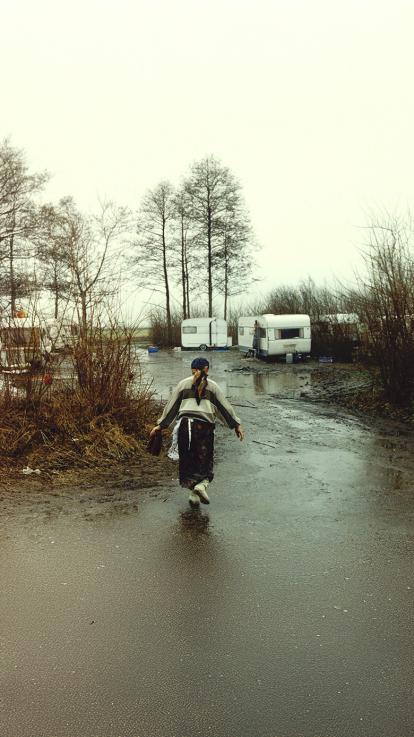Roma meisje loopt naar de woonwagens toe. 