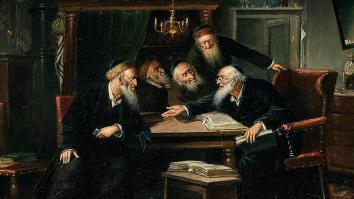 Schilderij waarin vijf mannen de Talmoed bestuderen