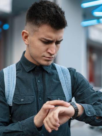 iemand kijkt verward naar zijn horloge