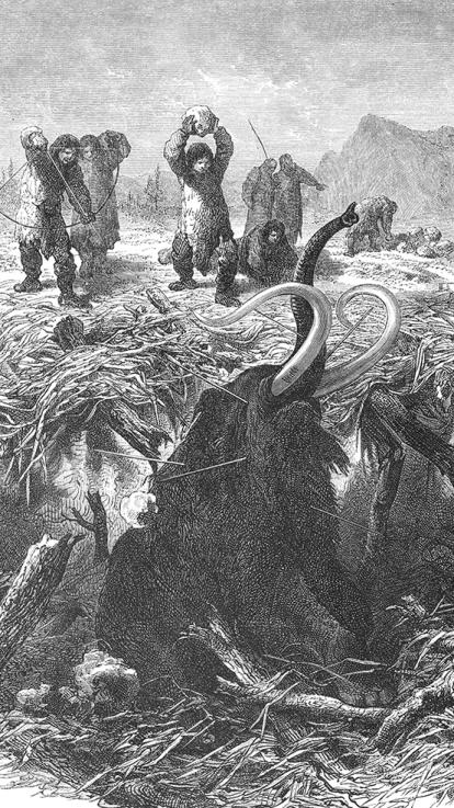 Illustratie van mensen die in de oertijd een mammoet in de val lokken