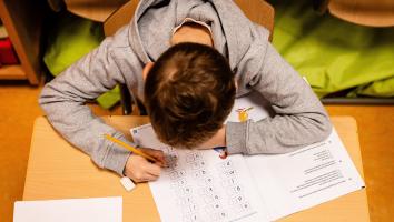 Foto van boven van basisschoolleerling die een taaloefening doet