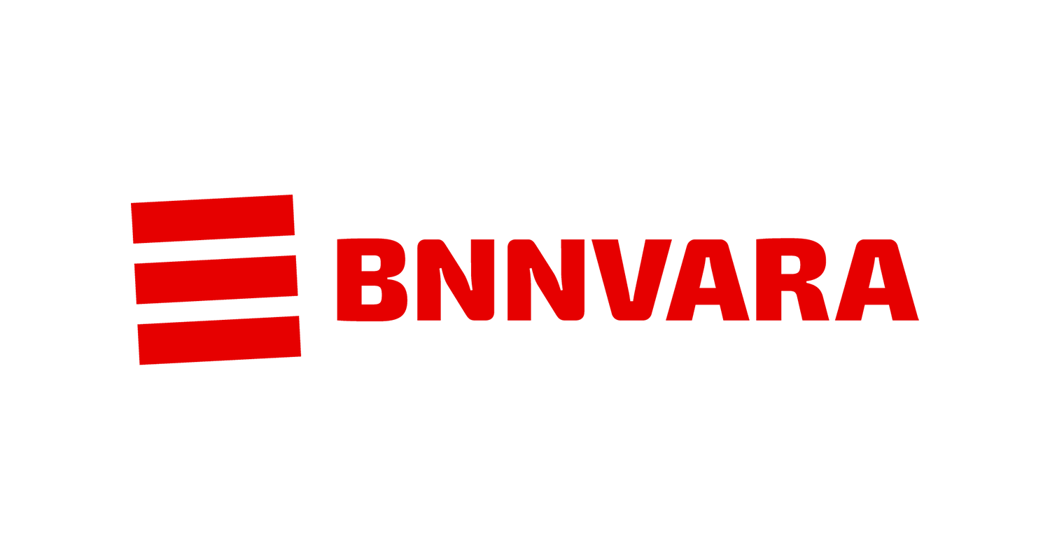 Drie rode strepen onder elkaar met daarnaast de tekst BNNVARA. Dit is het beeldlogo van BNNVARA. 