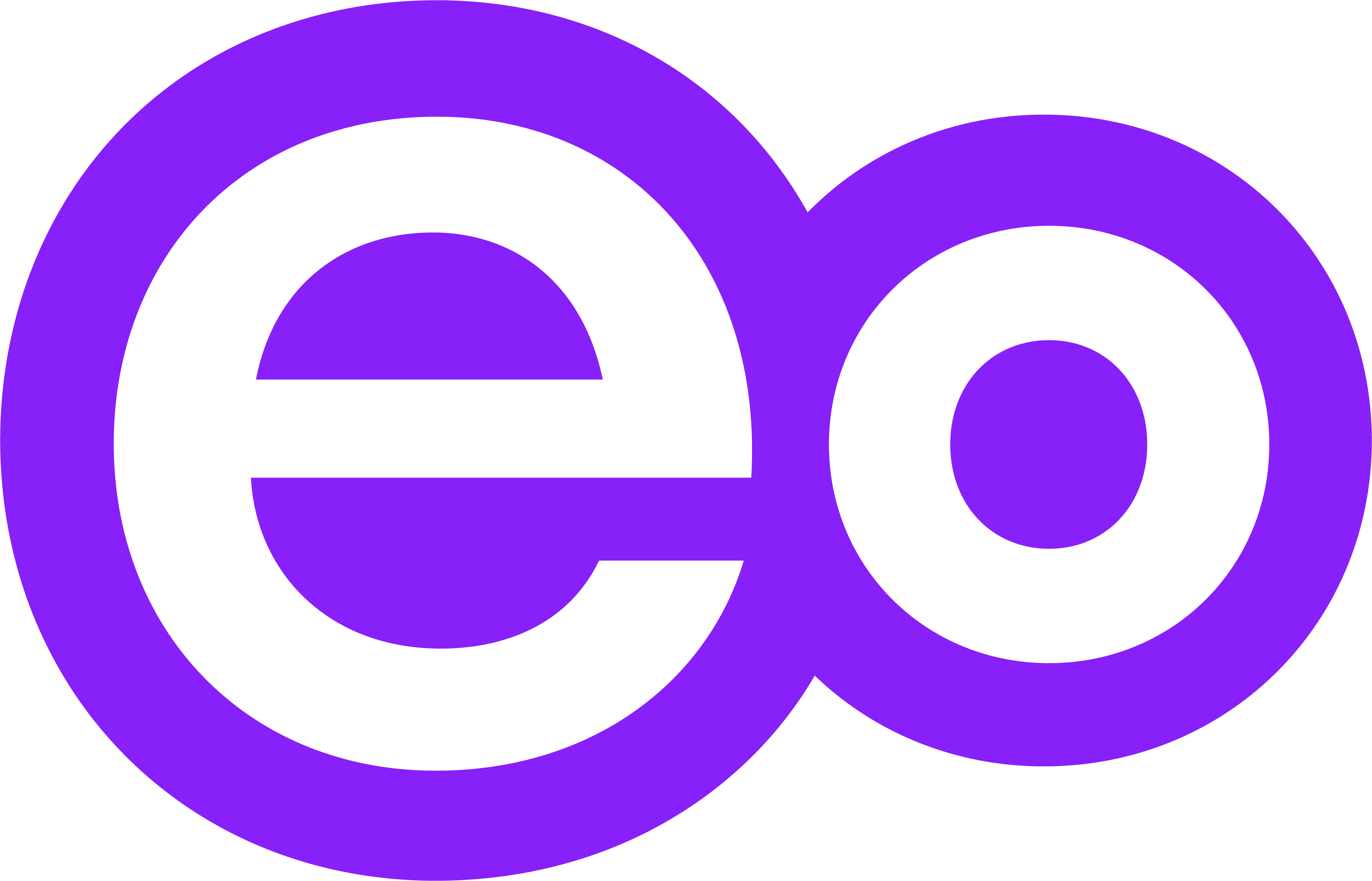 De letters e en o naast elkaar. Om beide letters staat een felgekleurde paarse cirkel, deze twee cirkels overlappen elkaar deels in het midden. Dit is het beeldlogo van de EO. 