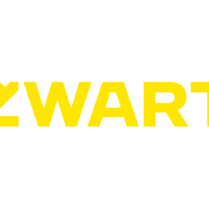 Het woord ZWART in gele hoofdletters. Bij de letter z zijn rechtsboven en linksonder driehoekjes geknipt. Dit is het beeldlogo van omroep ZWART.