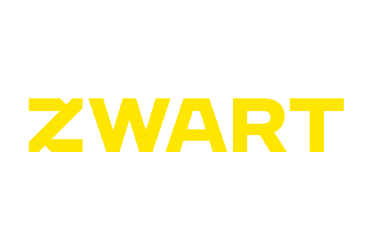 Het woord ZWART in gele hoofdletters. Bij de letter z zijn rechtsboven en linksonder driehoekjes geknipt. Dit is het beeldlogo van omroep ZWART.