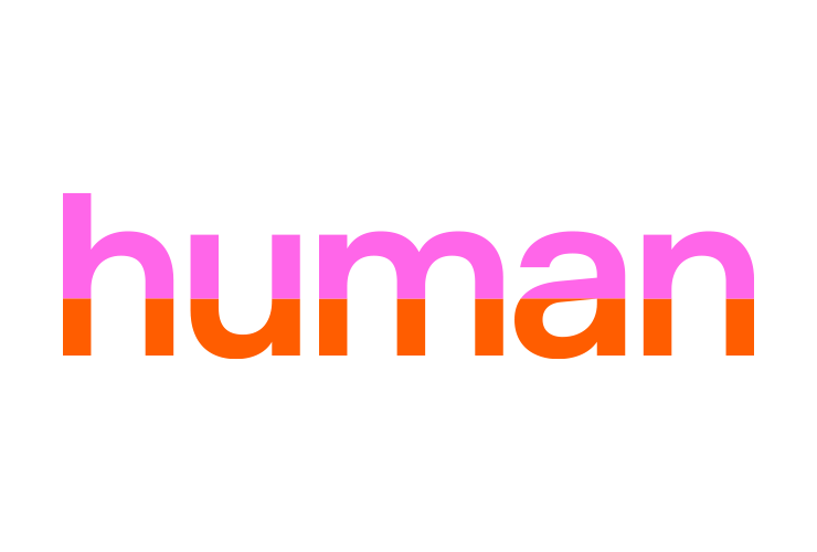 Het woord human waarvan bovenkant van de letters roze is en de onderkant oranje. Dit is het beeldlogo van Human. 