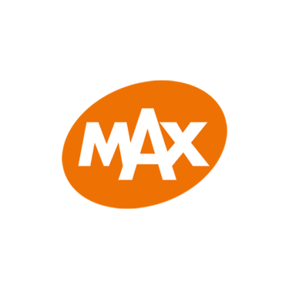 Het woord MAX in witte hoofdletters in een oranje eivorm die van linksonder naar rechtsboven helt. Dit is het beeldlogo van omroep Max.