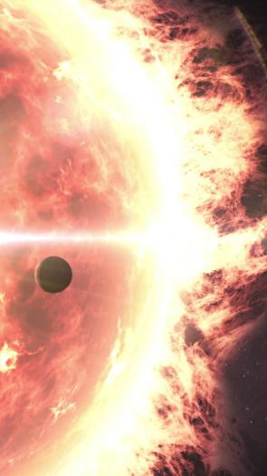 een grote zon met twee kleine zwarte silhouetten van planeten ervoor