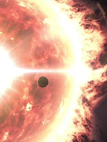 een grote zon met twee kleine zwarte silhouetten van planeten ervoor