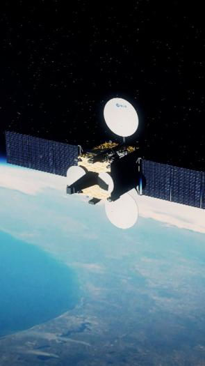 Een satelliet die boven onze aarde hangt.