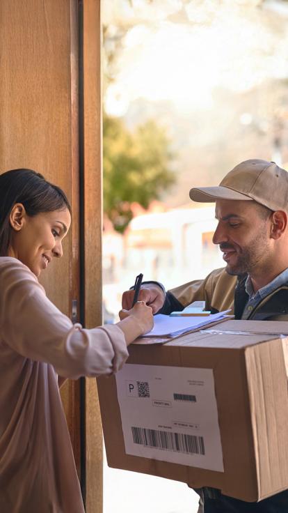 Vrouw tekent voor een pakketje bij een postbezorger